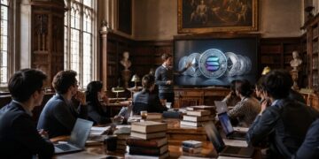 Presentación sobre criptomonedas en un salón con estilo académico.