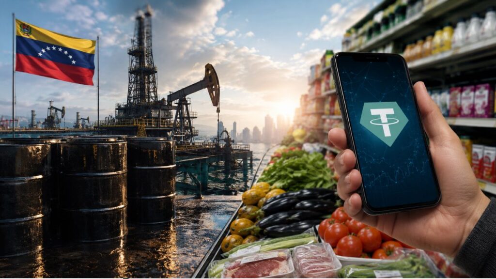 Mano sosteniendo un móvil con el logo de Tether (USDT) junto a una plataforma petrolera en Venezuela y un supermercado.