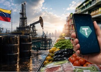 Mano sosteniendo un móvil con el logo de Tether (USDT) junto a una plataforma petrolera en Venezuela y un supermercado.