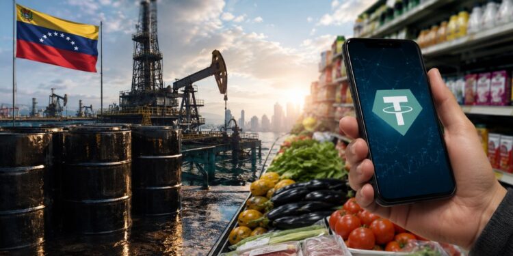 Mano sosteniendo un móvil con el logo de Tether (USDT) junto a una plataforma petrolera en Venezuela y un supermercado.