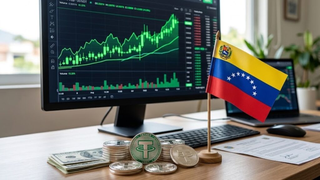 Monedas físicas de USDT junto a la bandera de Venezuela y gráficas en verde en el fondo.