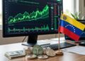 Monedas físicas de USDT junto a la bandera de Venezuela y gráficas en verde en el fondo.