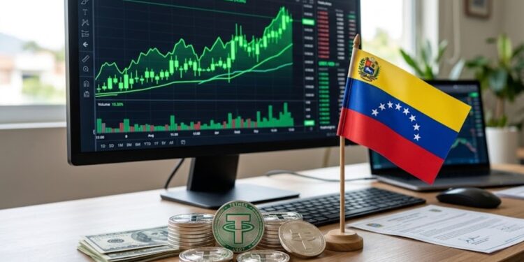 Monedas físicas de USDT junto a la bandera de Venezuela y gráficas en verde en el fondo.