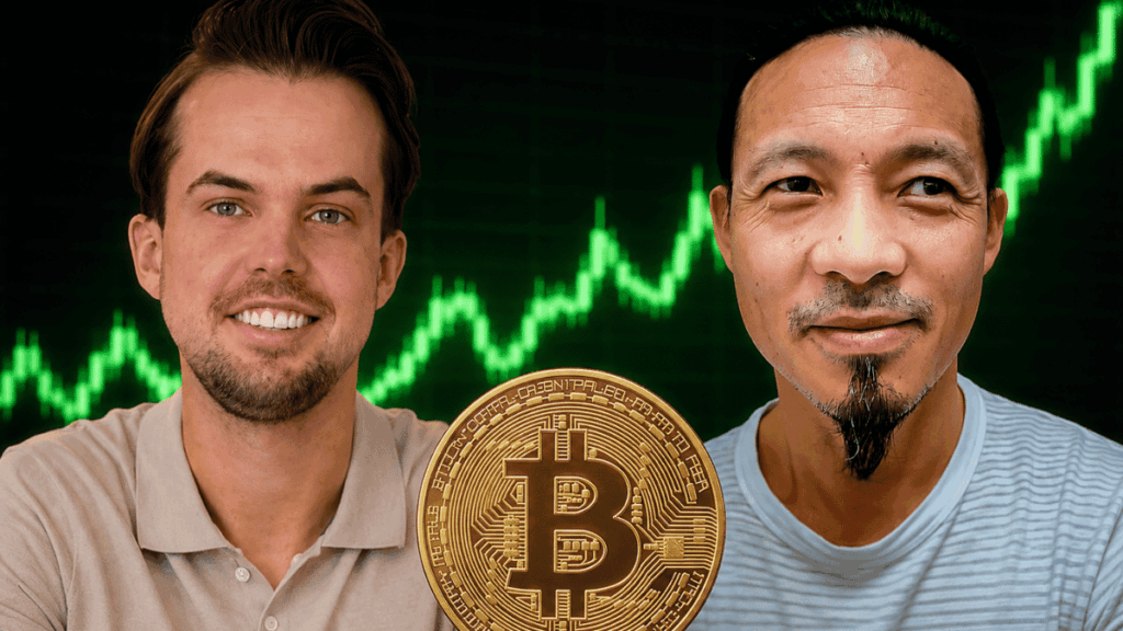 Moneda física de bitcoin y la foto de Van de Poppe y Woo.