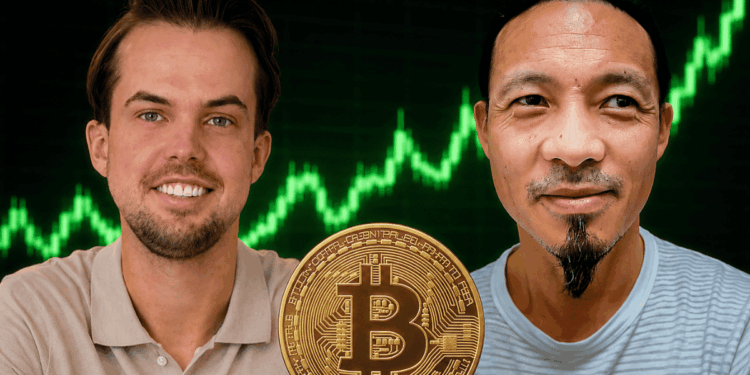 Moneda física de bitcoin y la foto de Van de Poppe y Woo.