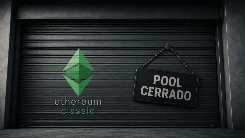 Persiana baja con el logo de Ethereum Classic y el letrero "Pool Cerrado".