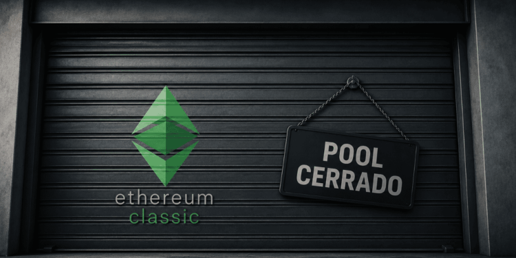 Persiana baja con el logo de Ethereum Classic y el letrero "Pool Cerrado".