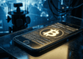 Ilustración conceptual que muestra un teléfono móvil con el símbolo dorado de Bitcoin y código cifrado en pantalla, contrastado en el fondo con una torre de vigilancia militar y mapas cibernéticos en tonos azules fríos.