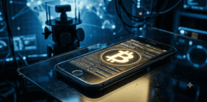 Ilustración conceptual que muestra un teléfono móvil con el símbolo dorado de Bitcoin y código cifrado en pantalla, contrastado en el fondo con una torre de vigilancia militar y mapas cibernéticos en tonos azules fríos.