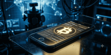 Ilustración conceptual que muestra un teléfono móvil con el símbolo dorado de Bitcoin y código cifrado en pantalla, contrastado en el fondo con una torre de vigilancia militar y mapas cibernéticos en tonos azules fríos.