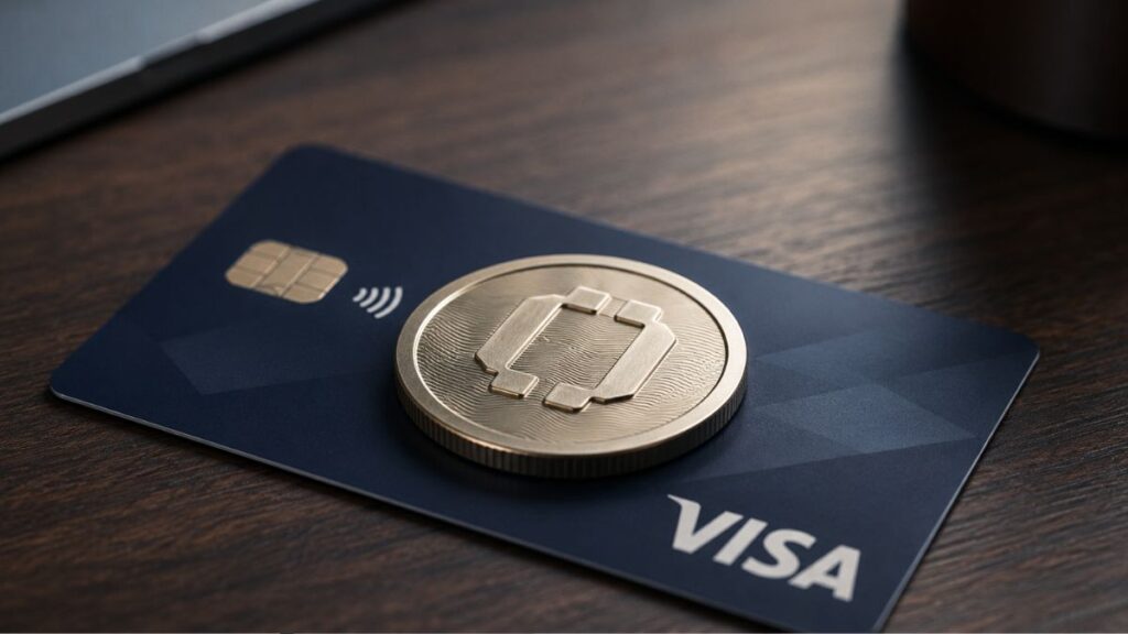 Tarjeta Visa con una moneda física dorada encima.