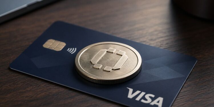Tarjeta Visa con una moneda física dorada encima.