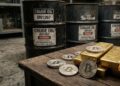 Monedas de bitcoin junto a lingotes de oro y barriles de petróleo.
