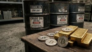 Monedas de bitcoin junto a lingotes de oro y barriles de petróleo.
