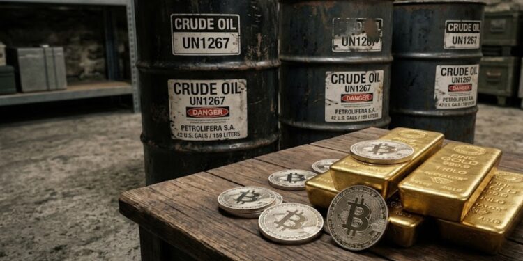 Monedas de bitcoin junto a lingotes de oro y barriles de petróleo.