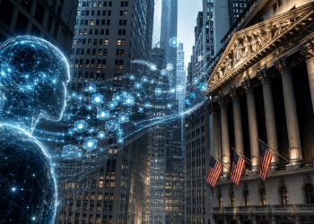 Un robot con inteligencia artificial manda luces hacía el edificio de la Bolsa de Nueva York.