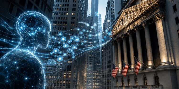 Un robot con inteligencia artificial manda luces hacía el edificio de la Bolsa de Nueva York.