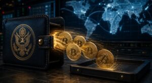 Monedas físicas de bitcoin salen de una billetera que tiene el logo del gobierno de Estados Unidos.