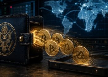 Monedas físicas de bitcoin salen de una billetera que tiene el logo del gobierno de Estados Unidos.