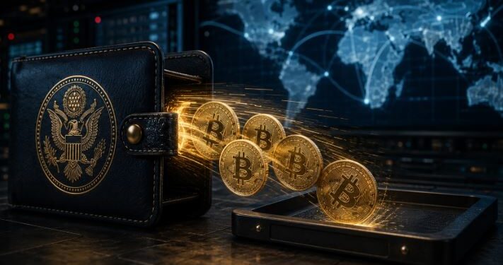 Monedas físicas de bitcoin salen de una billetera que tiene el logo del gobierno de Estados Unidos.