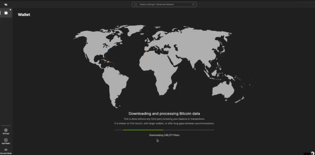 Wasabi Wallet en proceso de sincronización con la red Bitcoin tras la instalación.
