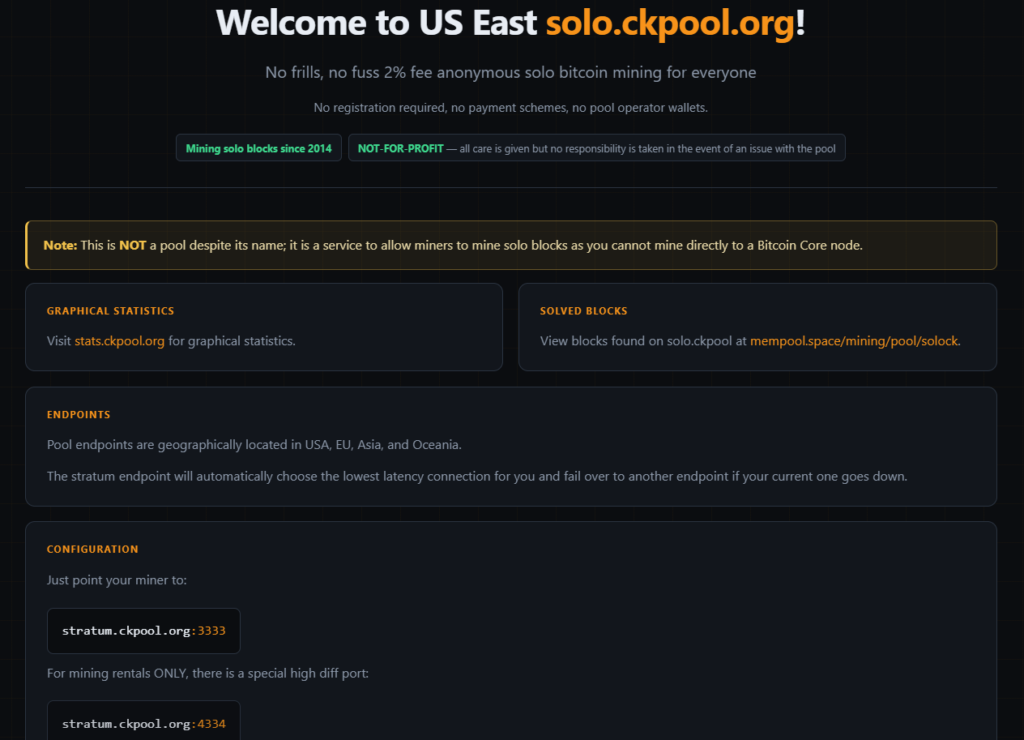 Página de bienvenida en Solo CKPool.