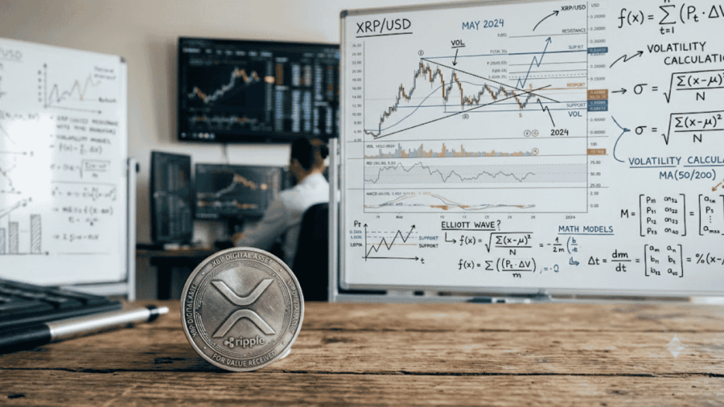 Primer plano: moneda física de XRP. Fondo: pizarra con análisis de precio.