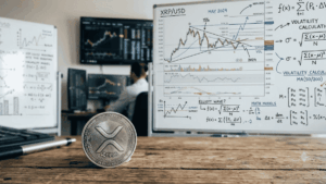 Primer plano: moneda física de XRP. Fondo: pizarra con análisis de precio.
