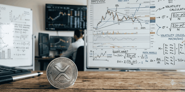 Primer plano: moneda física de XRP. Fondo: pizarra con análisis de precio.