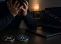 Una moneda física de Cardano y otra de XRP delante de una persona con las manos en la cara.