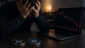 Una moneda física de Cardano y otra de XRP delante de una persona con las manos en la cara.