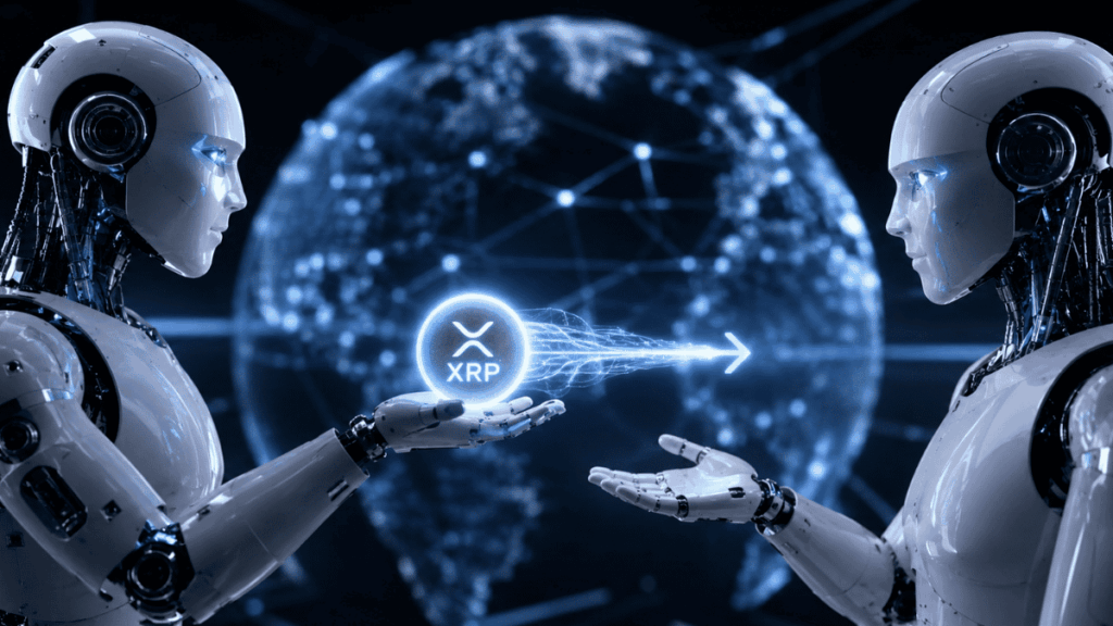 2 robots que representan agentes de IA haciendo una transacción con XRP.