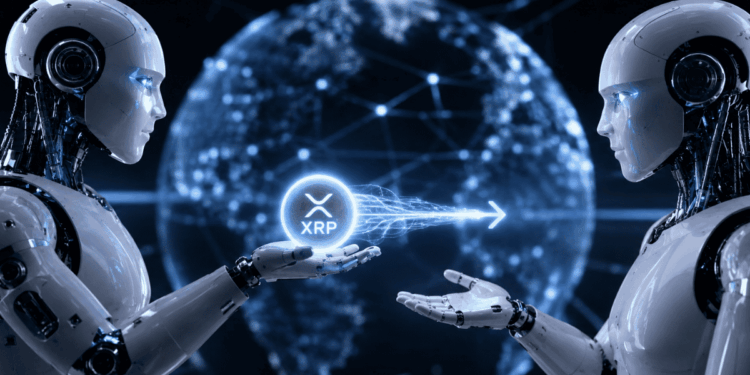 2 robots que representan agentes de IA haciendo una transacción con XRP.