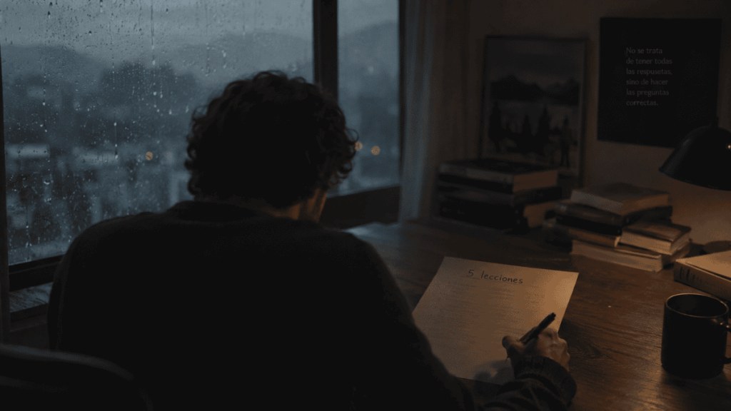 Persona reflexionando y escribiendo a mano en un papel.