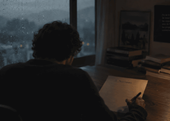 Persona reflexionando y escribiendo a mano en un papel.