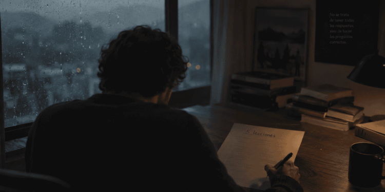 Persona reflexionando y escribiendo a mano en un papel.