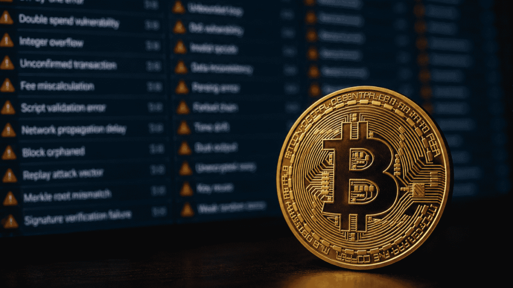 Moneda física de bitcoin y, en el fondo, un listado de errores.