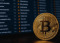 Moneda física de bitcoin y, en el fondo, un listado de errores.