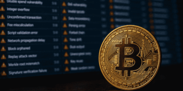 Moneda física de bitcoin y, en el fondo, un listado de errores.