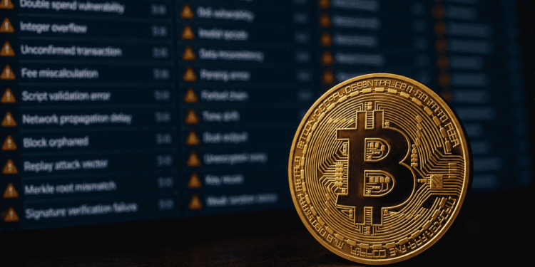 Moneda física de bitcoin y, en el fondo, un listado de errores.