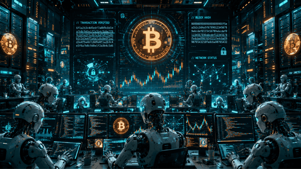 Robots de IA operando con monedas de Bitcoin.