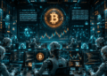 Robots de IA operando con monedas de Bitcoin.