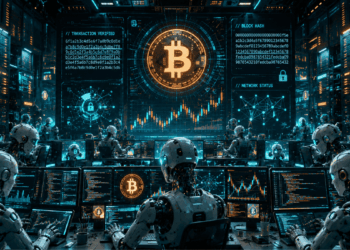 Robots de IA operando con monedas de Bitcoin.