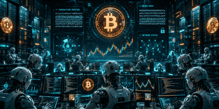 Robots de IA operando con monedas de Bitcoin.
