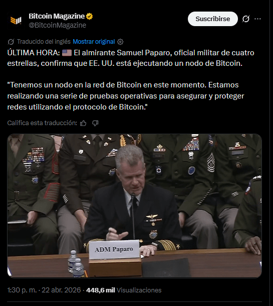 Captura de pantalla de un tuit de Bitcoin Magazine que muestra la declaración del almirante Samuel Paparo, comandante del Comando Indo-Pacífico de EE.UU., confirmando que el Pentágono opera un nodo en la red Bitcoin.