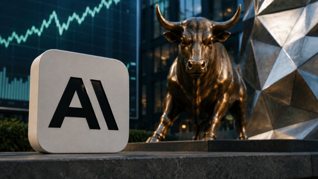 Estatua de bronce de un toro de Wall Street junto al logo de AI, frente a un gráfico bursátil alcista.