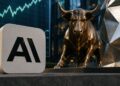 Estatua de bronce de un toro de Wall Street junto al logo de AI, frente a un gráfico bursátil alcista.