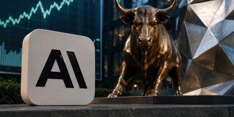 Estatua de bronce de un toro de Wall Street junto al logo de AI, frente a un gráfico bursátil alcista.