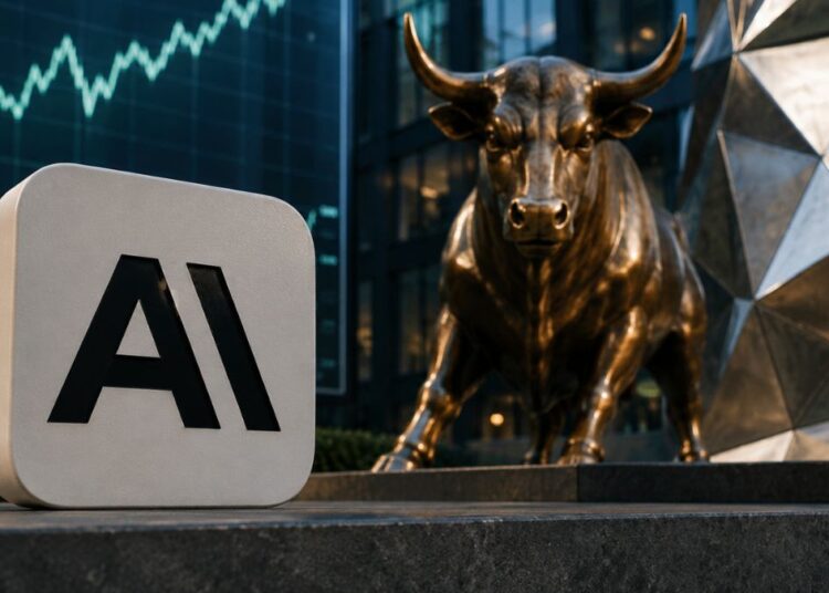 Estatua de bronce de un toro de Wall Street junto al logo de AI, frente a un gráfico bursátil alcista.