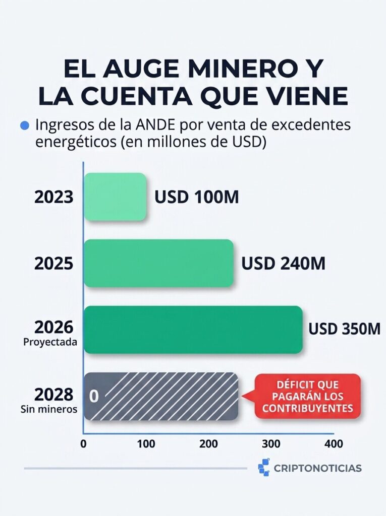 Infografía de gráfico de barras horizontales titulada "El auge minero y la cuenta que viene". Muestra los ingresos de la ANDE por excedentes energéticos en millones de dólares: barra de 2023 en verde claro con $100M; barra de 2025 en verde medio con $240M; barra de 2026 proyectada en verde oscuro con $350M; y barra de 2028 (sin mineros) en gris con rayas diagonales en $0, acompañada de una etiqueta roja que dice: "Déficit que pagarán los contribuyentes". Fuente: ANDE y Cámara Paraguaya de Minería.